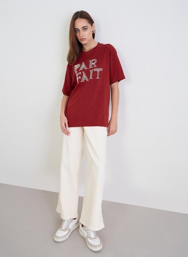 Styli Red Slogan Print Oversized T-Shirt - Image 2